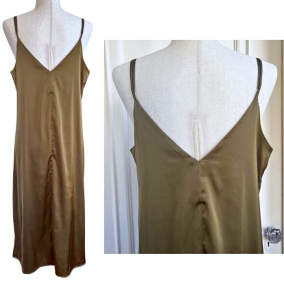 THE DROP Dark Olive Ana Silky V-Neck Midi Slip Dress Size L - Picture 6 of 11